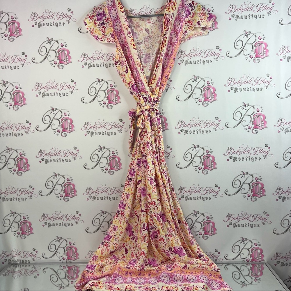 Dress wrap style flowers paisley boho Floral Pink and Yellow Maxi Dress